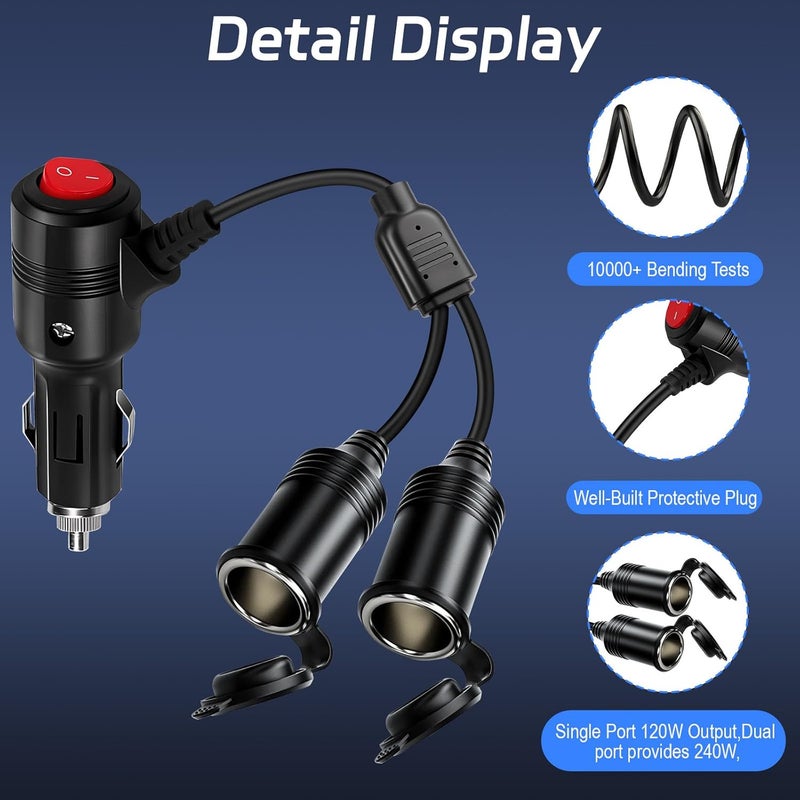 Vrllinking Cigarette Lighter Splitter ， 12v Splitter,Dual Cigarette Lighter adapters for Cars,12V Cigarette Lighter Plug with on/Off Switch, Overload Protection & Extension Cord 15A Fuses (Black 2 Ports) - Image 5